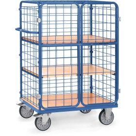 Fetra Etagenwagen mit 3 Böden, 3 Drahtgitterwänden, Dach, Flügeltüren, Höhe 1500