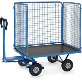 Carrello a pianale ribassato Fetra con 4 pareti a griglia, altezza 1000 mm, pneumatici