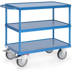 Fetra Tischwagen mit 3 Stahlblech-Wannen und 10 mm hohem Rand, Tragkraft 500 / 600 kg