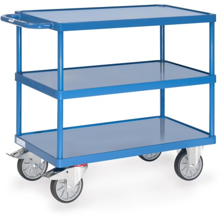 Fetra Tischwagen mit 3 Stahlblech-Wannen und 10 mm hohem Rand, Tragkraft 500 / 600 kg