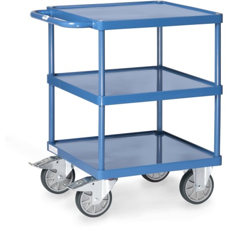 Fetra Tischwagen, quadratische Ladefläche, mit 3 Stahlblech-Wannen mit 10 mm hohem Rand