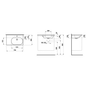 Vasque LAUFEN LUA 75 x 46 cm, asymétrique avec cuve à droite, avec trou pour robinet, avec trop-plein