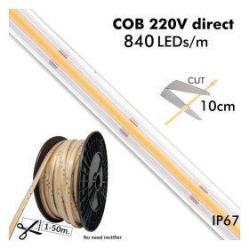 LED COB Streifen 220V | CUSTOM CUT | 840 LED/m | 50m | FLIP CHIP | 1500Lm |16W/M | CRI90 | IP67 | Schneiden 10cm