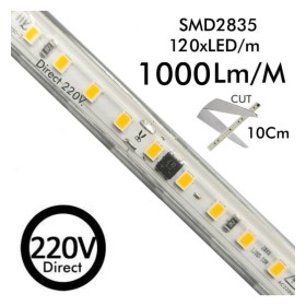 LED Streifen 220V | CUSTOM CUT | 120LED/m | 50m | SMD 2835 | 1000Lm | 10W/M | CRI90 | IP65 | Schneiden 10cm
