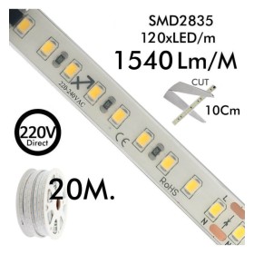 LED-Streifen 220V | 120xLED/m | 20m | SMD2835 | 1450Lm/M | 14W/M | IP67 | Schneiden Sie alle 10cm