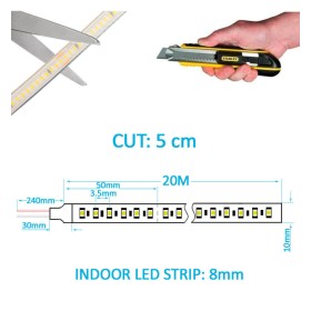 LED-Streifen 220V | 280xLED/m | 20m | SMD2025 | 1596Lm/M | 14W/M | IP67 | 10mm | Schnitt alle 5cm