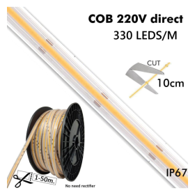 LED-Streifen COB 220V 10W/M | 330 LED/m | 1540Lm/M | FLIP-CHIP | 50m | IP65 | Schnitt alle 10 cm