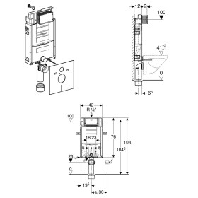 Elemento Geberit Kombifix per WC sospeso, 108 cm, con cassettiera di scarico Sigma UP da 12 cm, per azionamento frontale