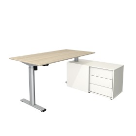 Bureau rectangulaire Move 1 piètement réglable en hauteur électriquement, structure en T avec buffet 150 x 80 cm