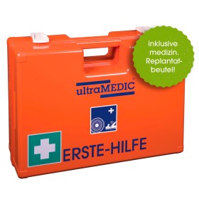 Erste-Hilfe-Koffer HOLZ mit Spezialfüllung und Replantatbeutel mit Wandhalterung