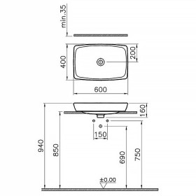 Lavabo d'appoggio VitrA Metropole 60 x 40 cm senza troppopieno, satinato