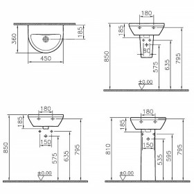Lavabo VitrA Integra 45 cm senza troppopieno, senza foro per rubinetto