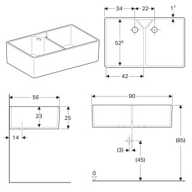 Geberit Publica Mehrzweck-Doppelbecken 90 x 56 cm mit Überlauf
