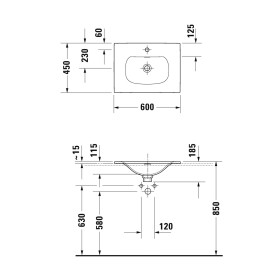 Lavabo incasso Duravit Viu 60 cm con 1 foro per rubinetto, con troppopieno