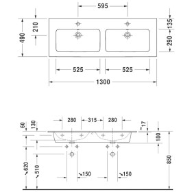 Mobile doppio lavabo Duravit ME by Starck 130 cm senza foro rubinetto
