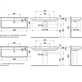 Lavabo LAUFEN PRO S 120 cm incassabile con 2 fori per rubinetto, con troppo pieno