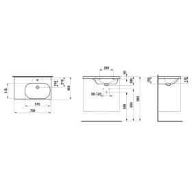 Lavabo LAUFEN LUA 75 x 46 cm, lavabo asimmetrico a destra, con foro per rubinetto, senza troppo pieno