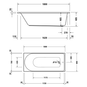 Duravit D-Neo Rechteck-Badewanne 180 x 80 cm, Einbauversion, Ab- und Überlauf am Fußende