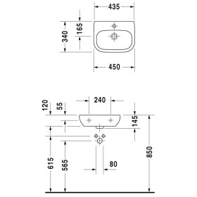 Duravit D-Code Lavabo Med 45 cm senza foro per rubinetto