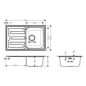 lavello ad incasso hansgrohe S44 S440-A342 79 con gocciolatoio corto e sifone automatico 342