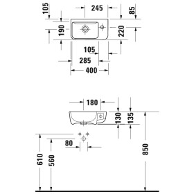 Lavabo Duravit ME by Starck 40 cm, 1 foro per rubinetto perforato a destra