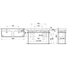 Double vasque LAUFEN PRO S 130 cm, encastrable avec 3 trous de robinet et trop-plein