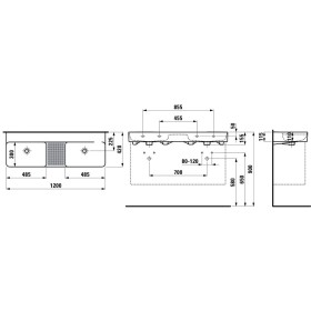 Double vasque encastrable LAUFEN Val 120 x 40 cm, sans trou de robinet, avec trop-plein