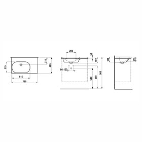 Vasque LAUFEN LUA 75 x 46 cm, asymétrique, cuve à gauche, sans trou de robinet, avec trop-plein