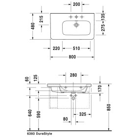 Lavabo da mobile Duravit DuraStyle 80 cm asimmetrico, vasca a destra con 1 foro per rubinetto