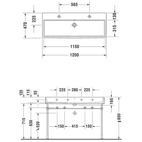 Lavabo Duravit Vero Air levigato con 2 x 1 foro per rubinetto 120 x 47 cm, senza troppo pieno