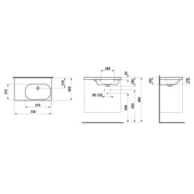 Lavabo LAUFEN LUA 75 x 46 cm, vasca asimmetrica a destra, senza foro per rubinetto, senza troppopieno