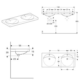 Geberit Preciosa Doppelwaschtisch 130 x 50 cm mit Hahnloch und Überlauf