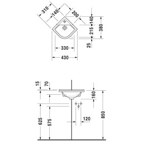 Lavabo d'angolo Duravit Starck 3, 43 cm con 1 foro per rubinetto