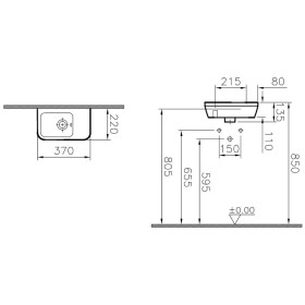 Lavabo Compatto VitrA Integra 37 cm, con troppopieno, senza foro per rubinetto, a destra