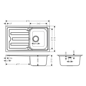 Évier encastrable hansgrohe S44 S440-F342 86 avec égouttoir long et bonde automatique 342
