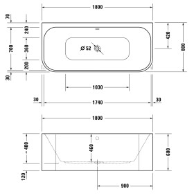 Duravit Happy D.2 Plus Whirlwanne 180 x 80 cm Vorwand, mit Combi-System E