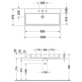 Lavabo Duravit Vero Air lucidato con 2 x 1 foro per rubinetto 100 x 47 cm, senza troppo pieno