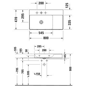 Lavabo Duravit DuraSquare asimmetrico levigato con 1 foro per rubinetto 80 x 47 cm, vasca a sinistra