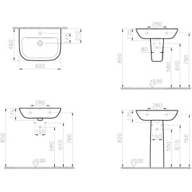 Lavabo VitrA S20 60 cm, 1 foro centrale, senza troppo pieno
