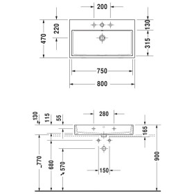 Lavabo Duravit Vero Air satinato con 1 foro per rubinetto 80 x 47 cm, senza troppopieno