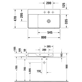 Lavabo Duravit DuraSquare asimmetrico lucidato con 1 foro per rubinetto 80 x 47 cm, vasca a destra