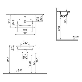 Mobile lavabo compatto VitrA Zentrum 60,5 cm, con troppopieno, 1 foro centrale