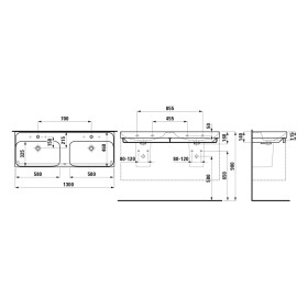 Double vasque LAUFEN MEDA 130 x 46 cm, sans trou de robinet avec trop-plein