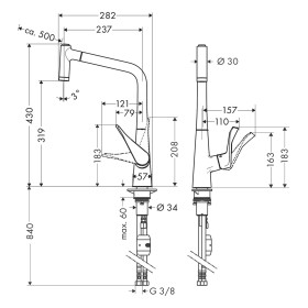 Robinet de cuisine monocommande hansgrohe Metris M71 320 Eco, douchette extractible, 2 jets