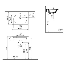 Mobile lavabo VitrA Zentrum 60,5 cm, con troppopieno, 1 foro per rubinetto al centro