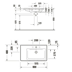 Lavabo mobile asimmetrico Duravit D-Neo 80 cm, senza foro per rubinetto, con troppo pieno, mensola a sinistra