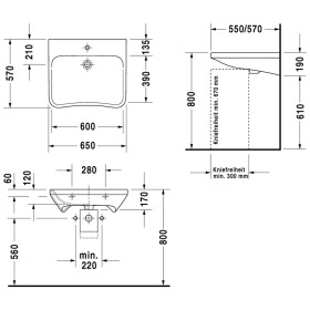 Lavabo Duravit DuraStyle Vital 65 cm senza foro per rubinetto e troppopieno