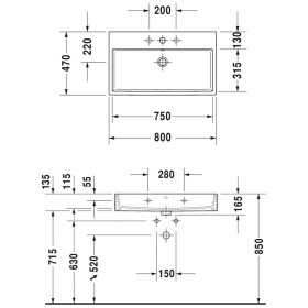 Lavabo mobile Duravit Vero Air senza foro per rubinetto 80 x 47 cm, senza troppopieno