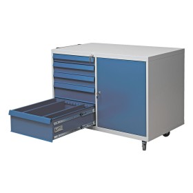 Wolfstahl Werkstattwagen mit Flügeltürenfach stahl 5 Schubladen 109x60x84cm lichtgrau - enzianblau
