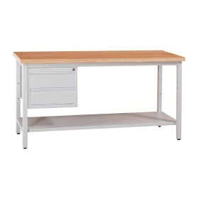 Wolfstahl Werkbank stahl mit 2 Schubladen 120x60x84cm lichtgrau Tischplatte 30mm buche